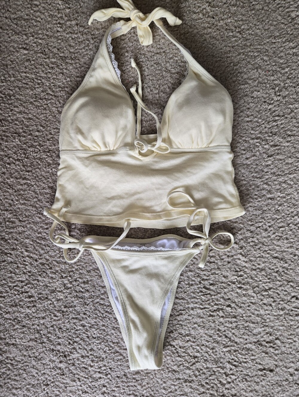 Yellow Halter Tankini Set with Lace Trim